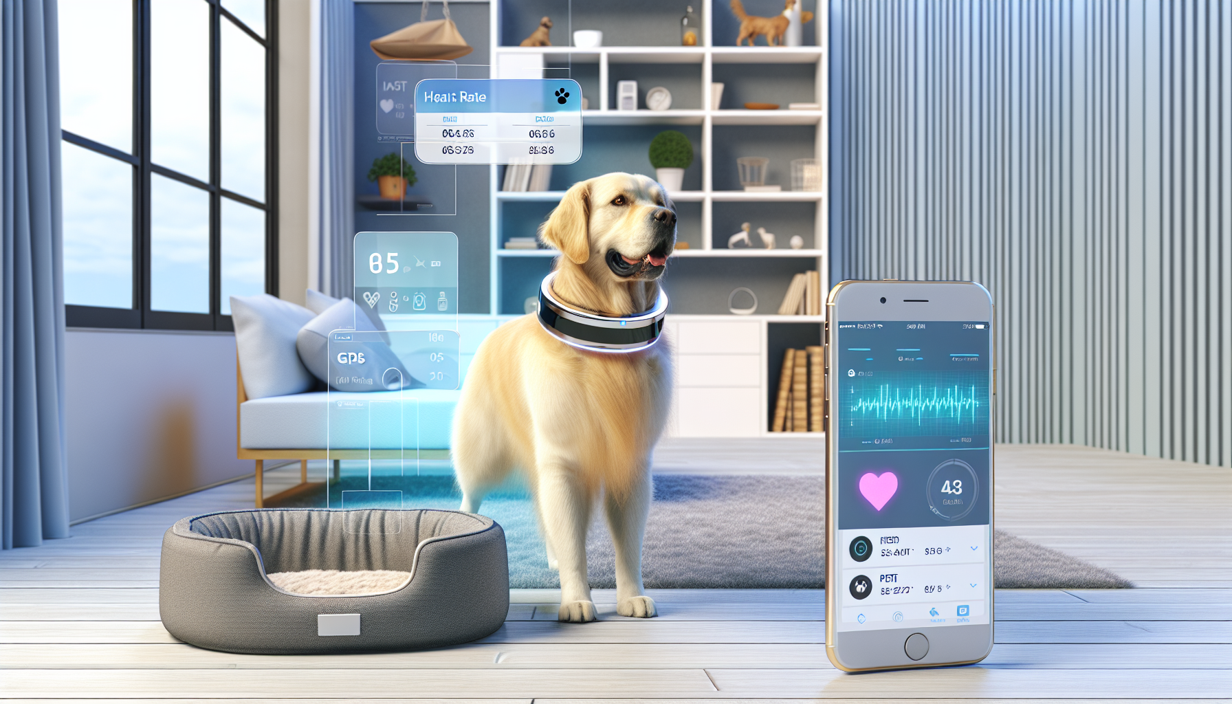 スマートカラーとIoTセンサーを装着したゴールデンレトリーバーとヘルスモニタリングアプリ